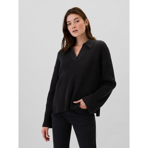 Black Split Hem Johnny Collar Oversized Pullover ~ Size Large - Picture 1 of 4